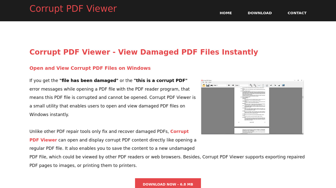 PDFFixer Corrupt PDF Viewer Landing page
