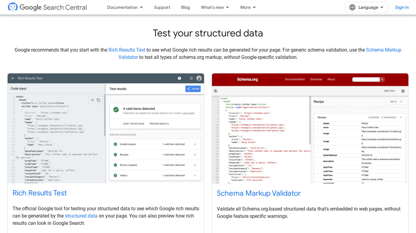 Google Structured Data Testing Tool Landing page