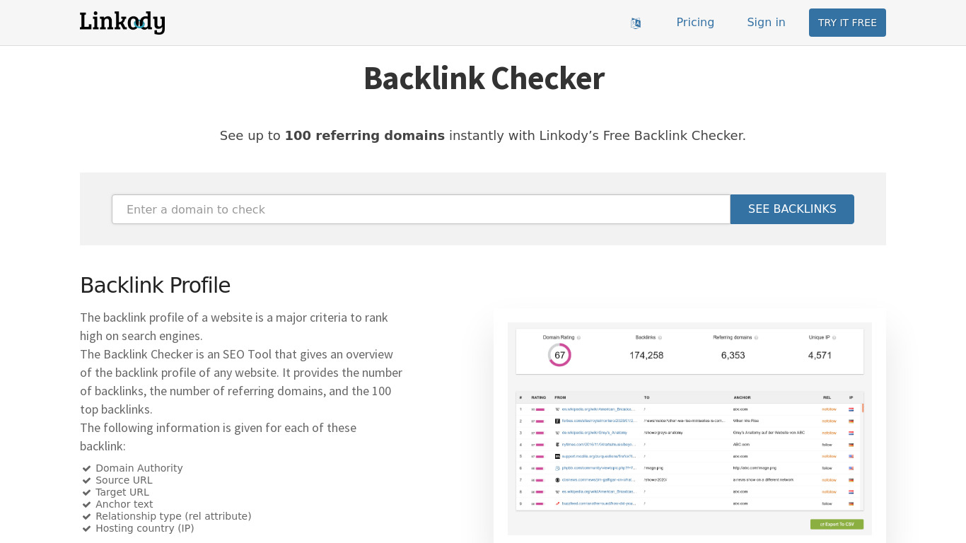 Linkody Backlink Checker Landing page