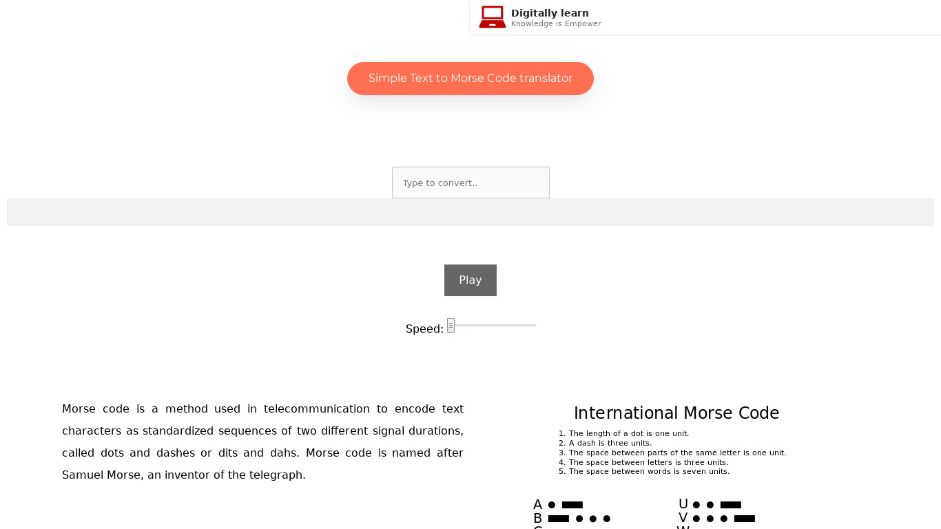 DigitallyLearn Morse Code Translator Landing page
