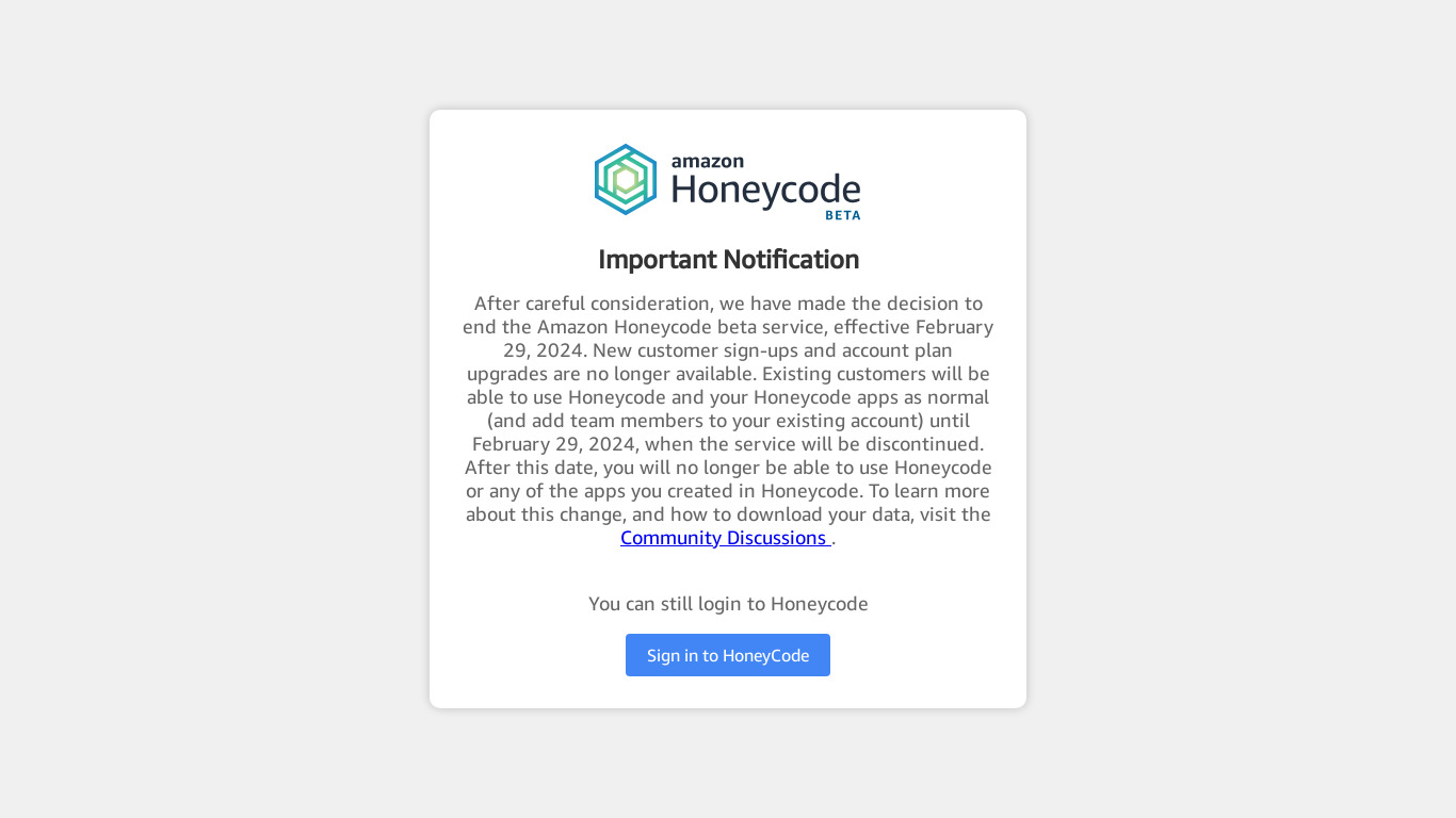 Amazon Honeycode Landing page