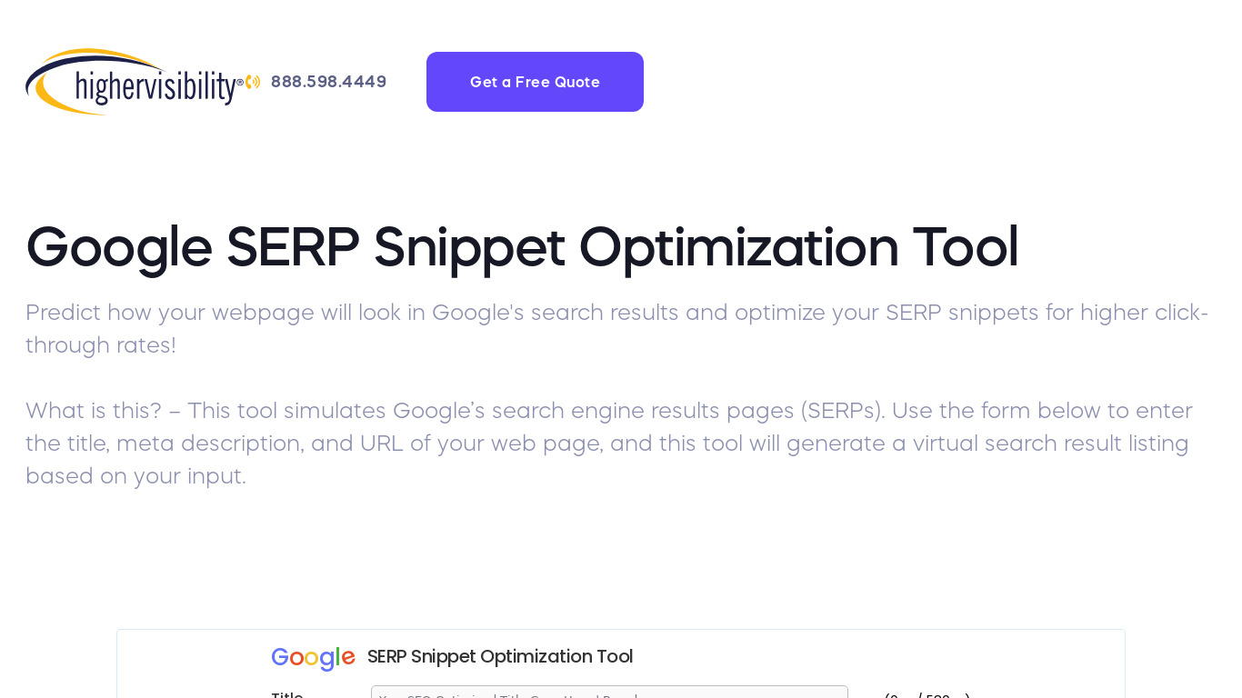 Google SERP Snippet Optimization Landing page