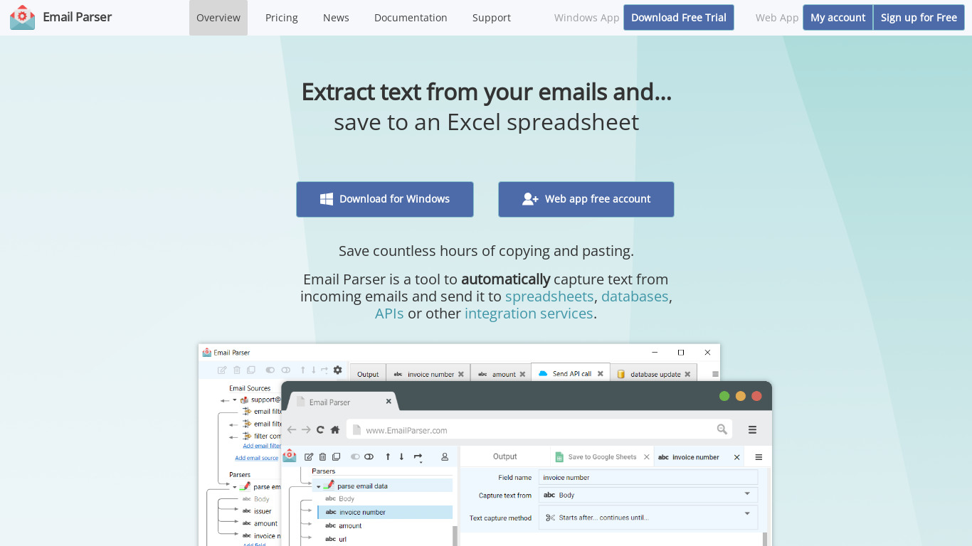 Email Parser Landing page