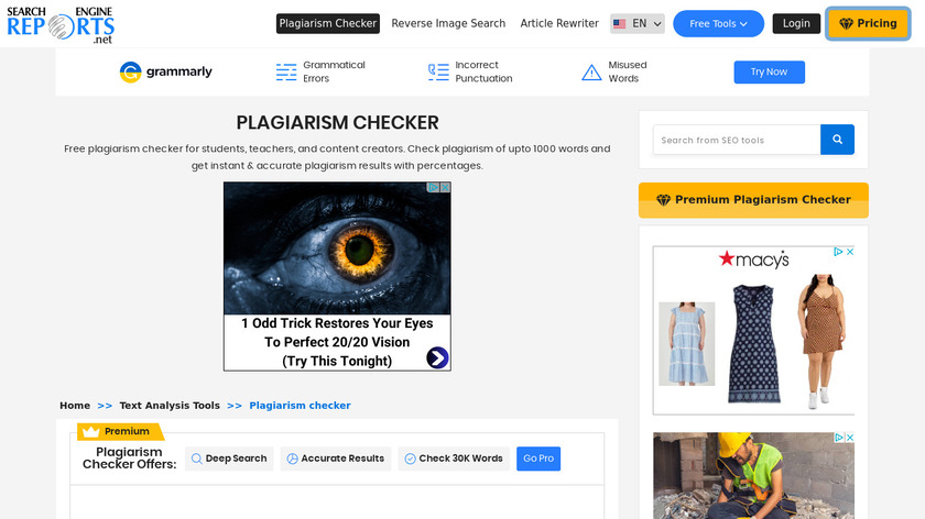 SearchEngineReports Plagiarism Checker Landing Page