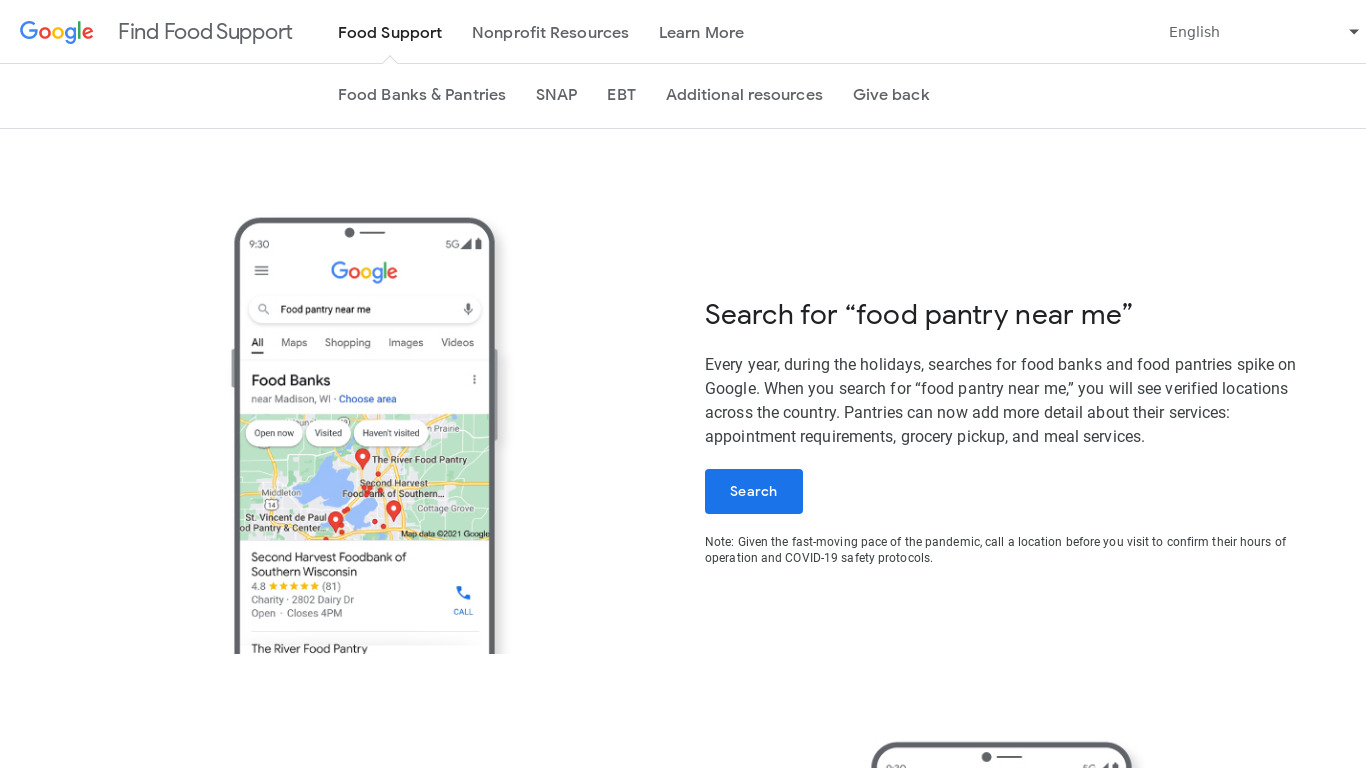 Find Food Support by Google Landing page
