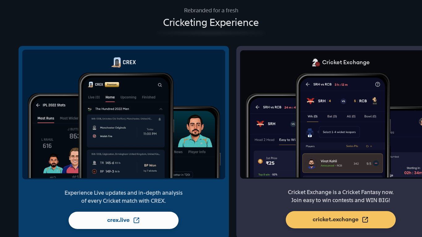 Cricket Exchange Landing page