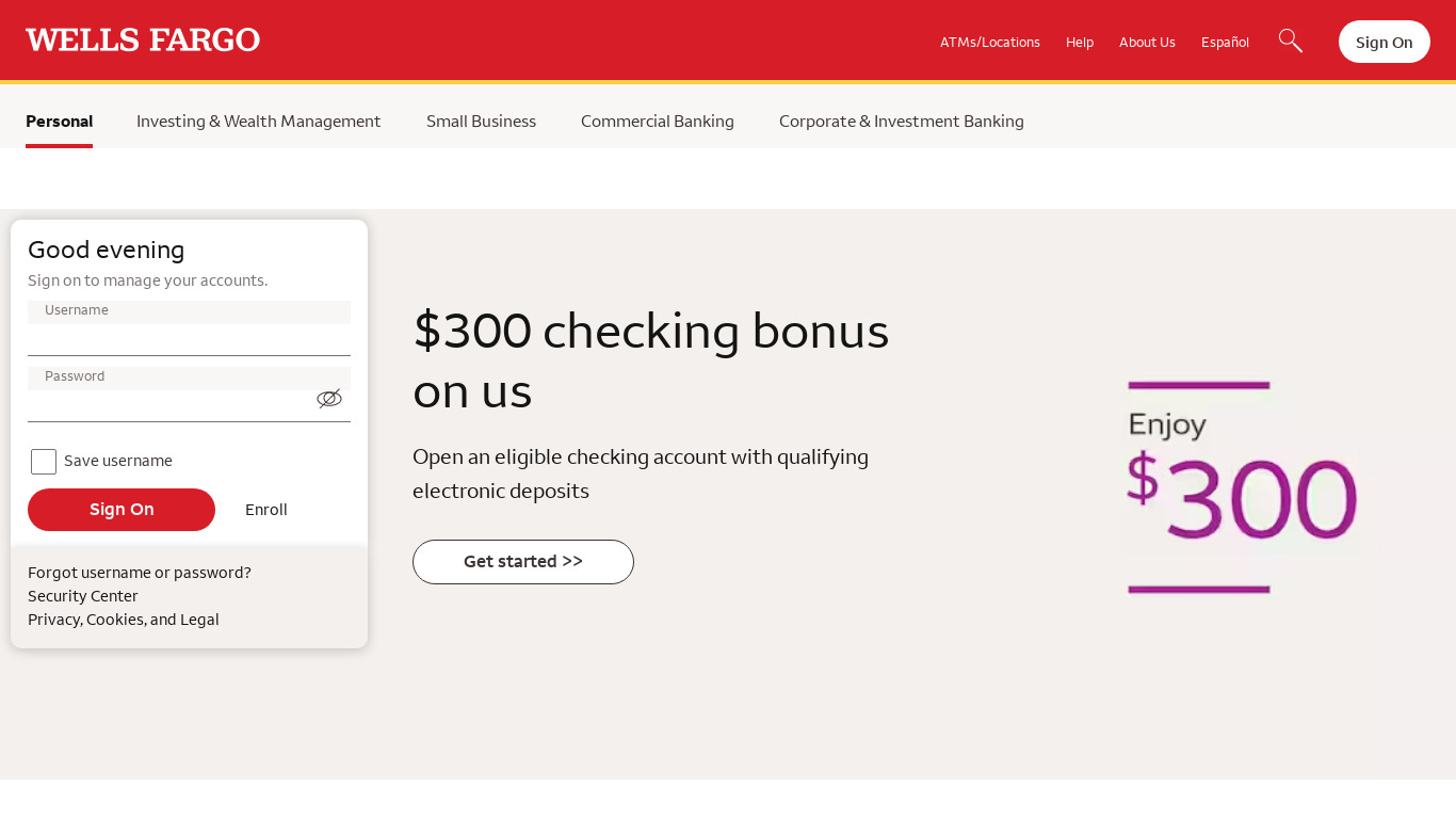 Wells Fargo Mobile Landing page