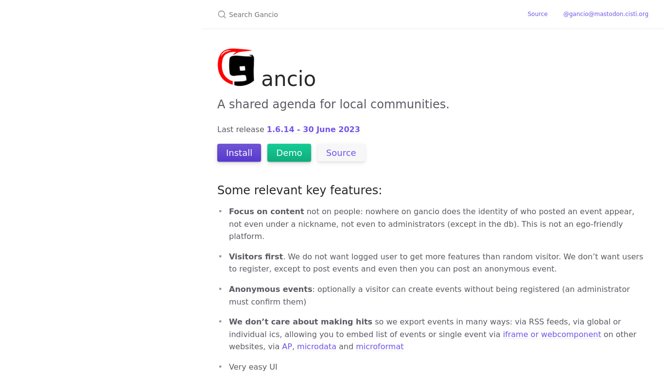 Gancio Landing page