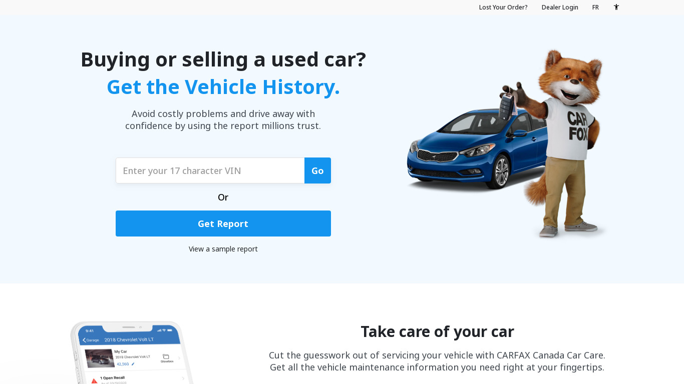 CARFAX Car Care Landing page
