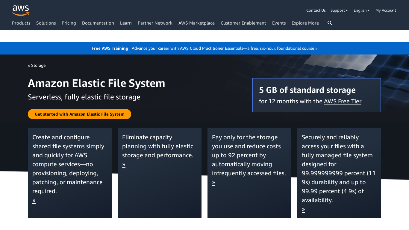 Amazon Elastic File System Landing page