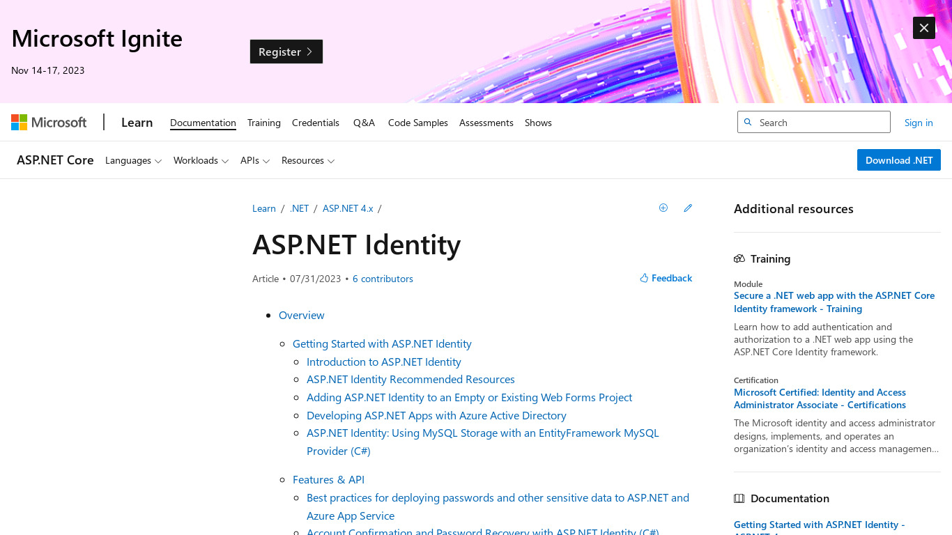 ASP.NET Identity Landing page