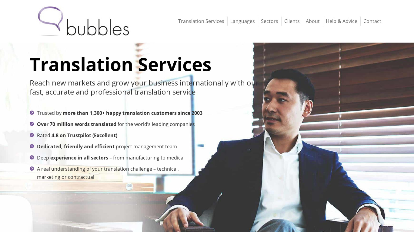 Bubbles Translation Landing page