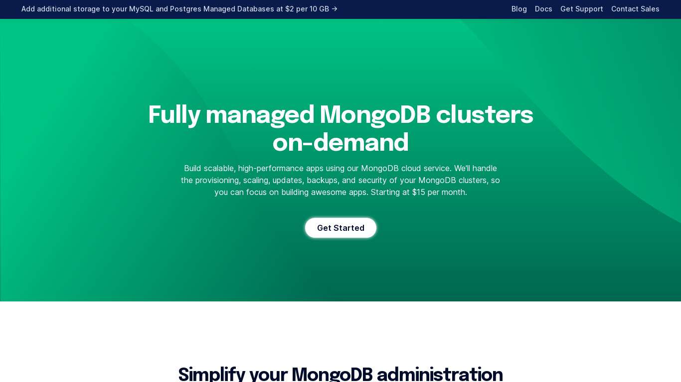 Managed MongoDB by DigitalOcean Landing page