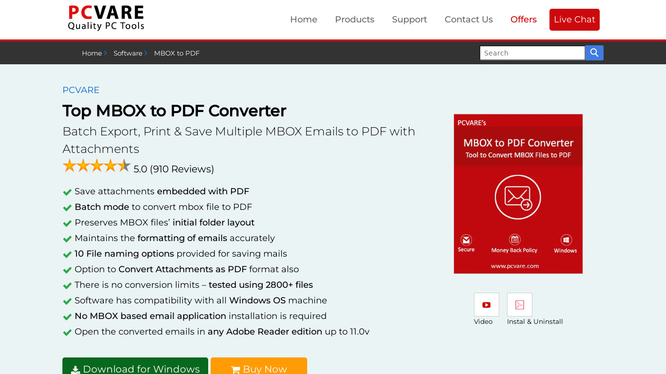 PCVARE MBOX to PDF Converter Landing page