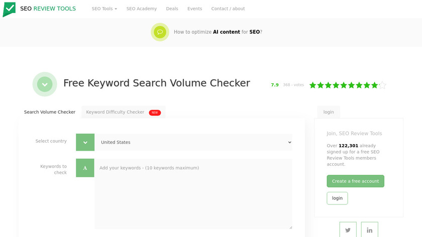 SEOReviewTools Keyword Search Volume Checker Landing Page