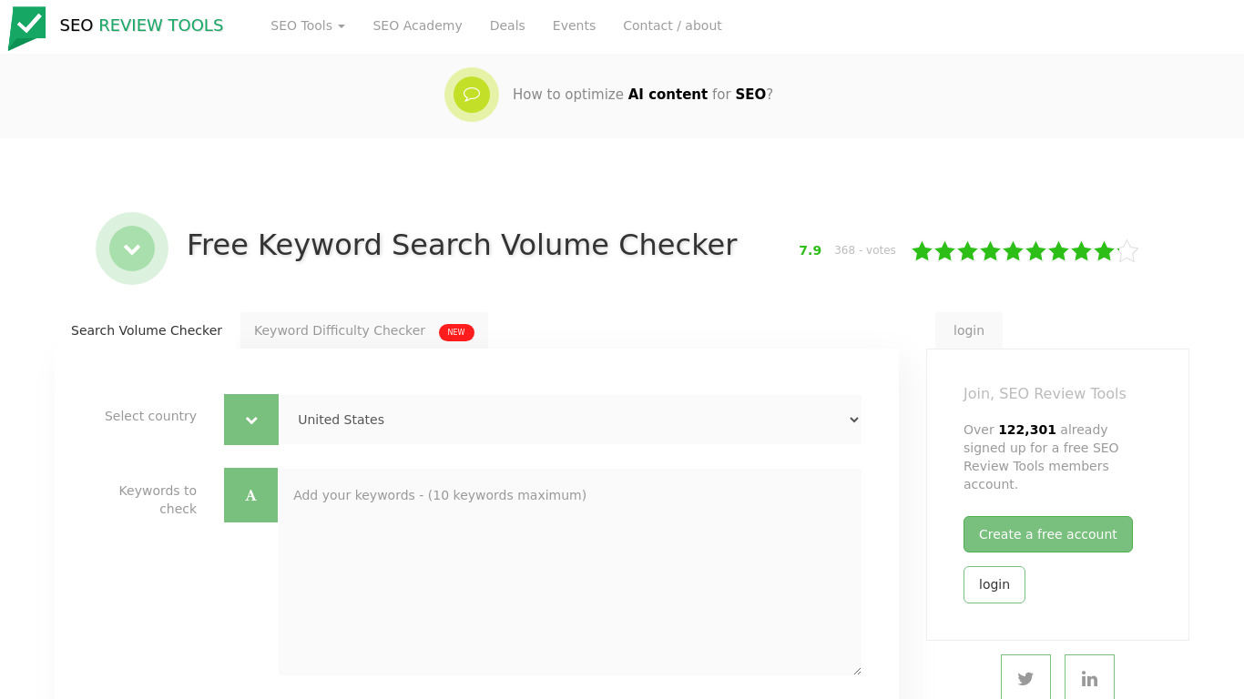 SEOReviewTools Keyword Search Volume Checker Landing page
