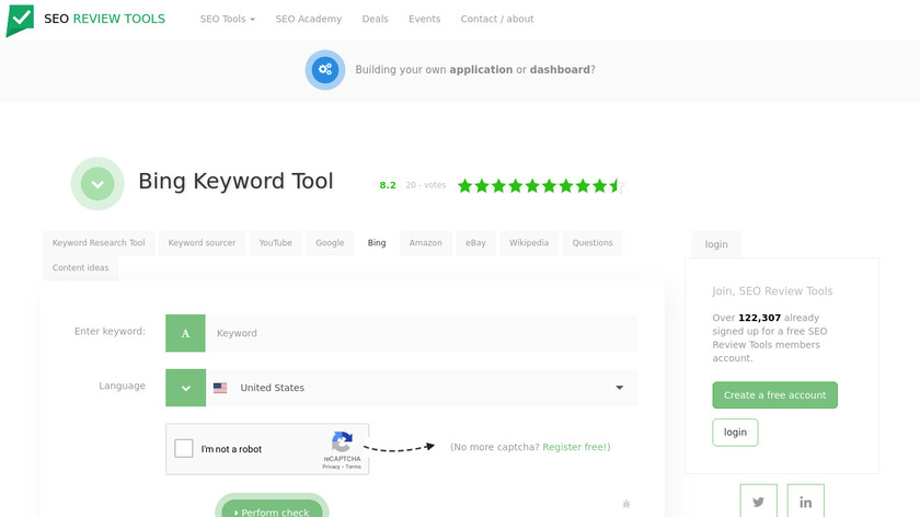 SEOReviewTools Bing Keyword Tool Landing Page