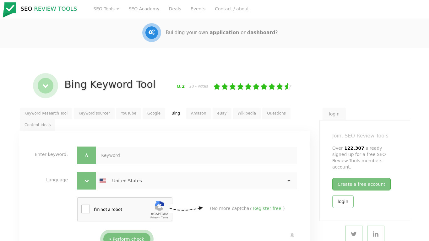 SEOReviewTools Bing Keyword Tool Landing page