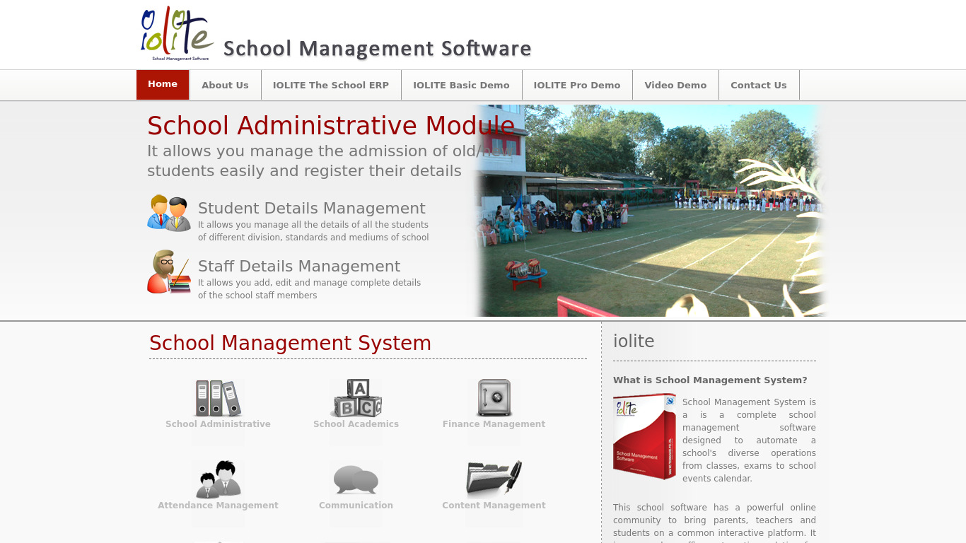 iolite School Management System Landing page