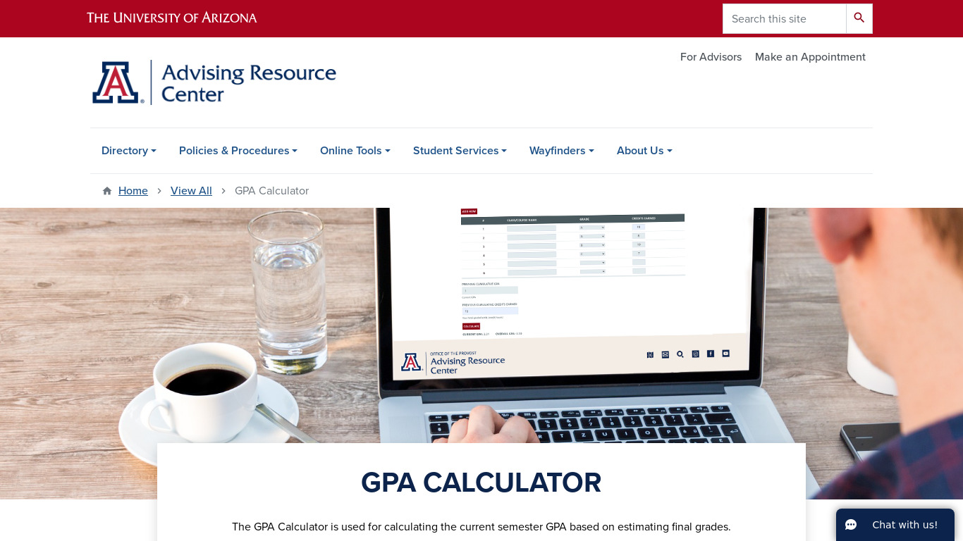 Arizona GPA Calculator Landing page