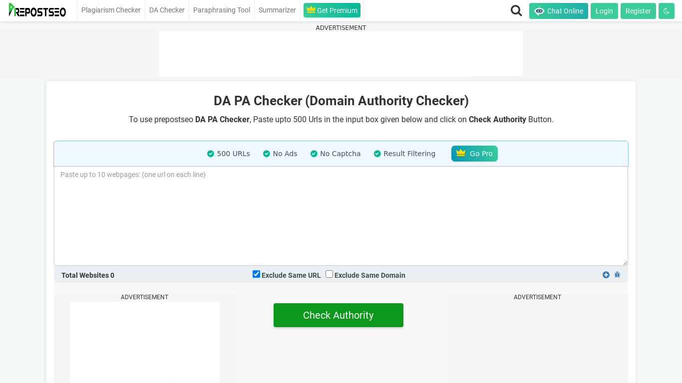 PrePostSEO Domain Authority Checker Landing page