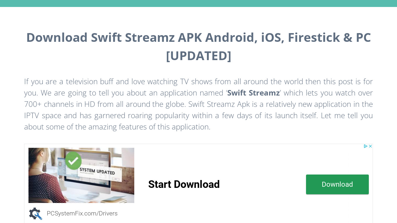 Swift Stream APK Landing page