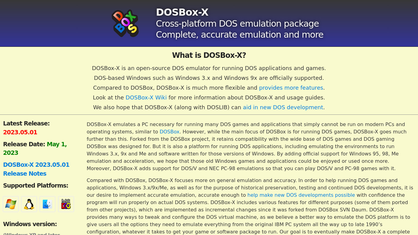 DOSBox-X Landing page