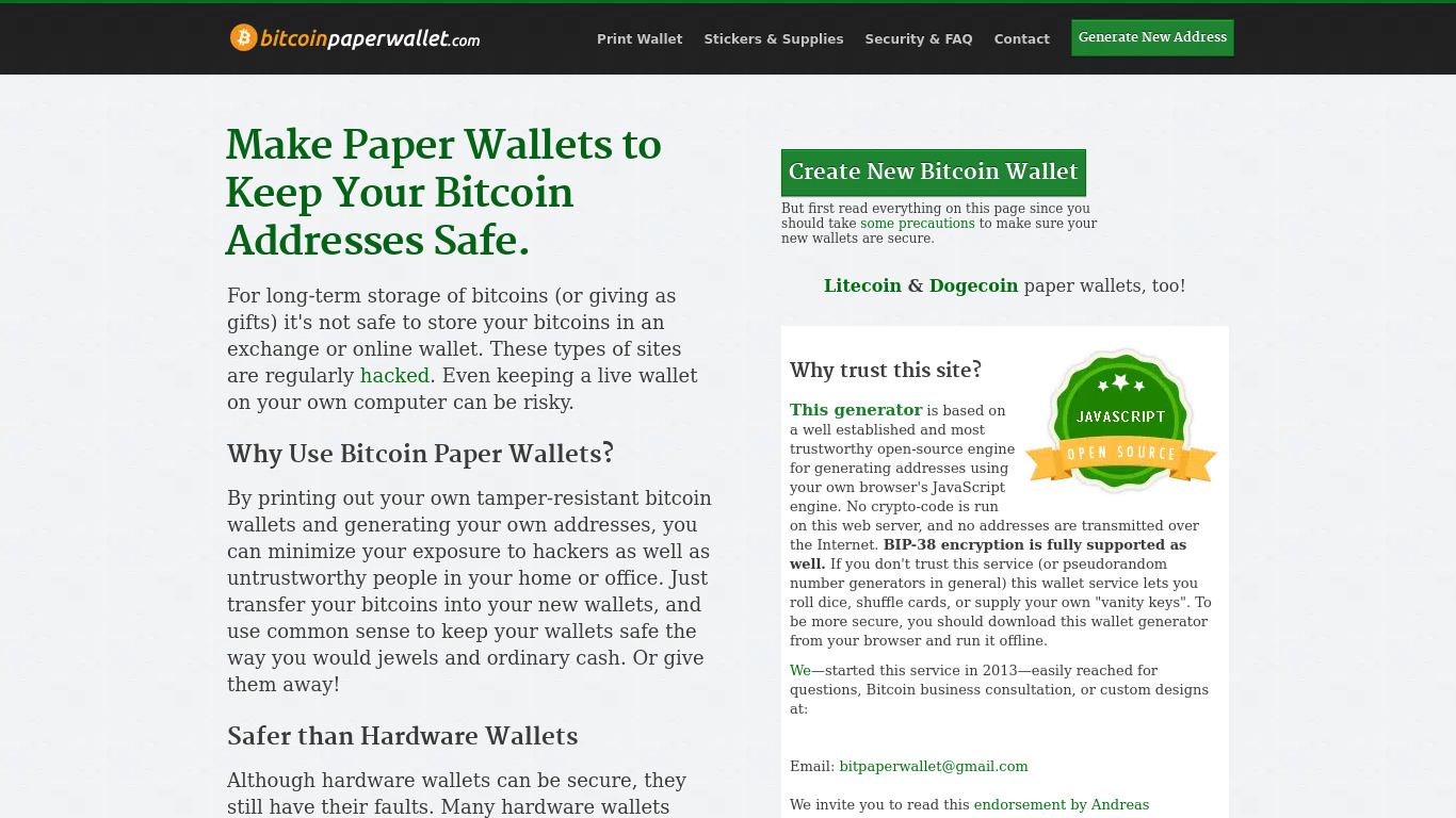 Bitcoin Paper Wallet Landing page