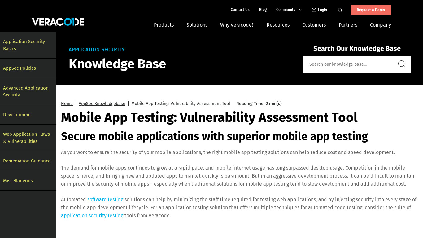 Veracode Mobile App Security Landing page
