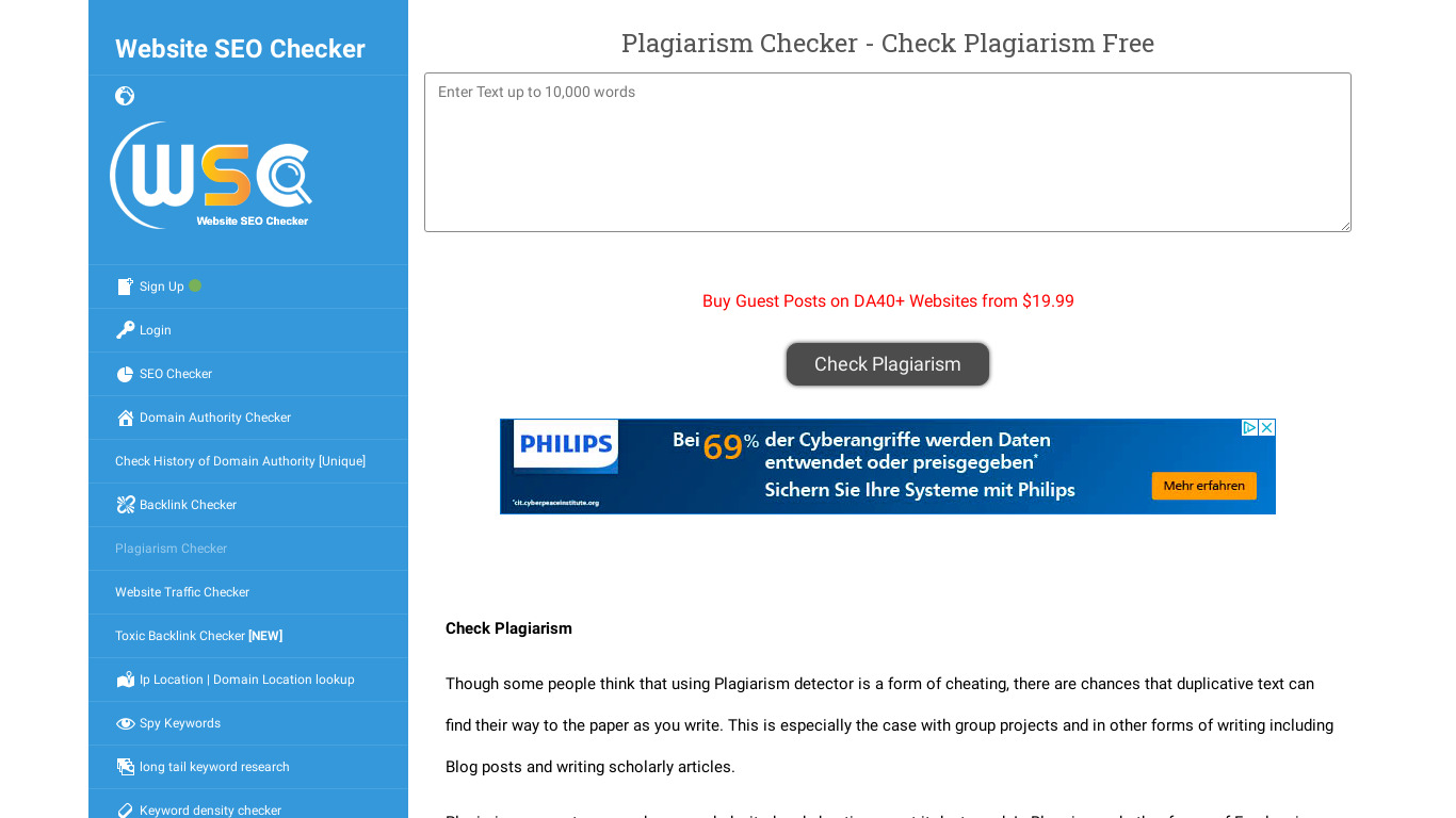 WebsiteSEOChecker Plagiarism Checker Landing page