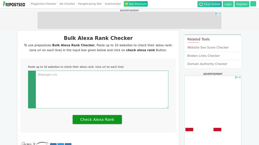 PrePostSEO Bulk Alexa Rank Checker Landing Page