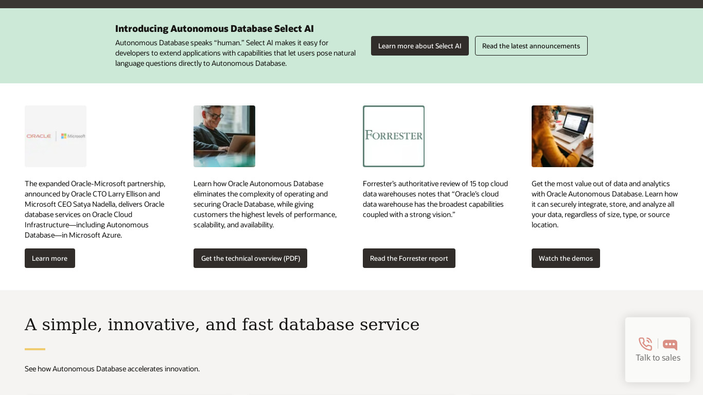 Oracle Autonomous Database Landing page