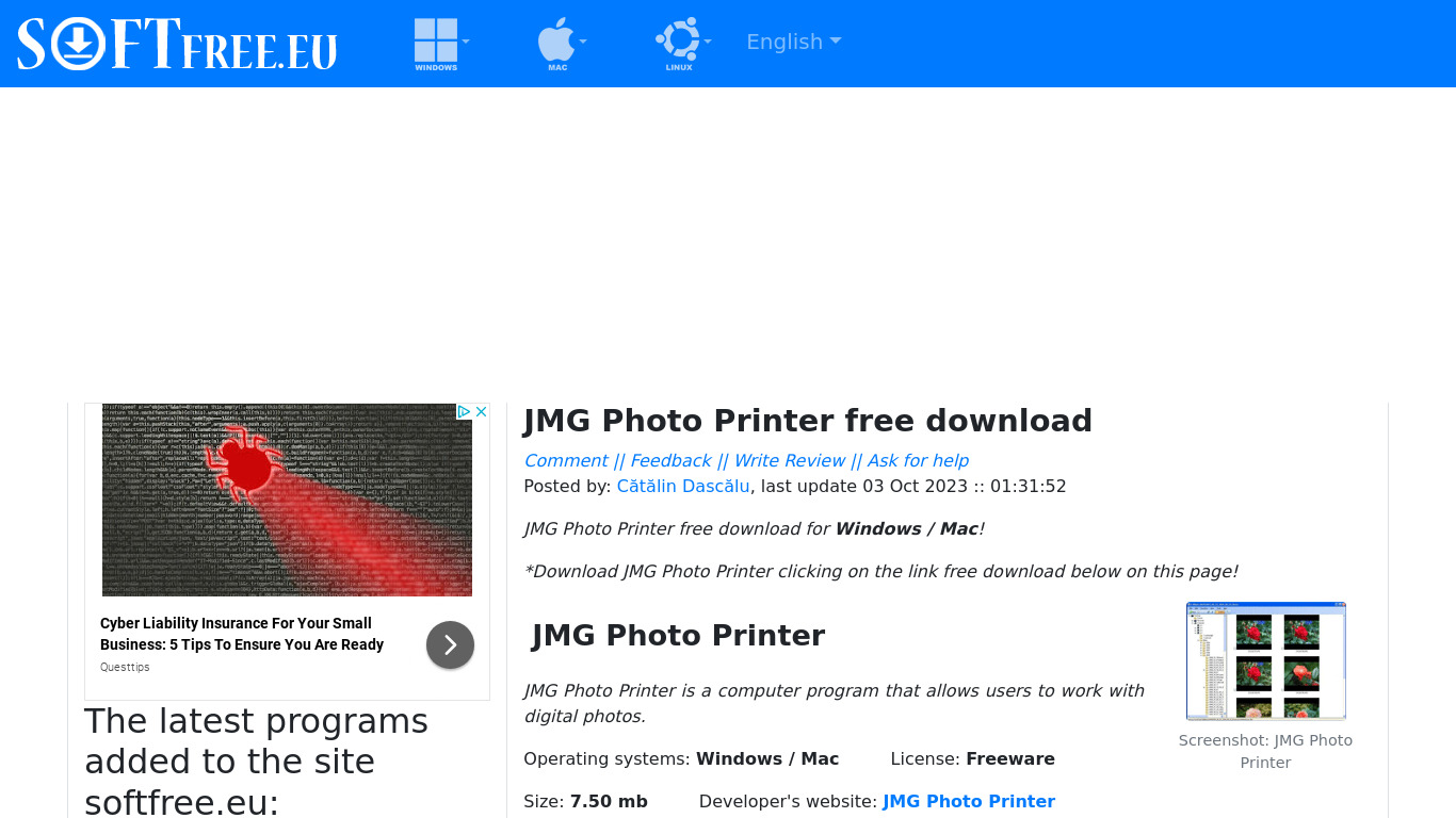 JMG Photo Printer Landing page