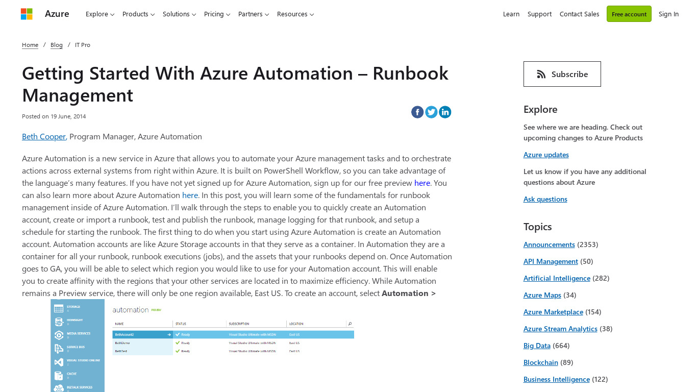 Azure Runbook Management Landing page