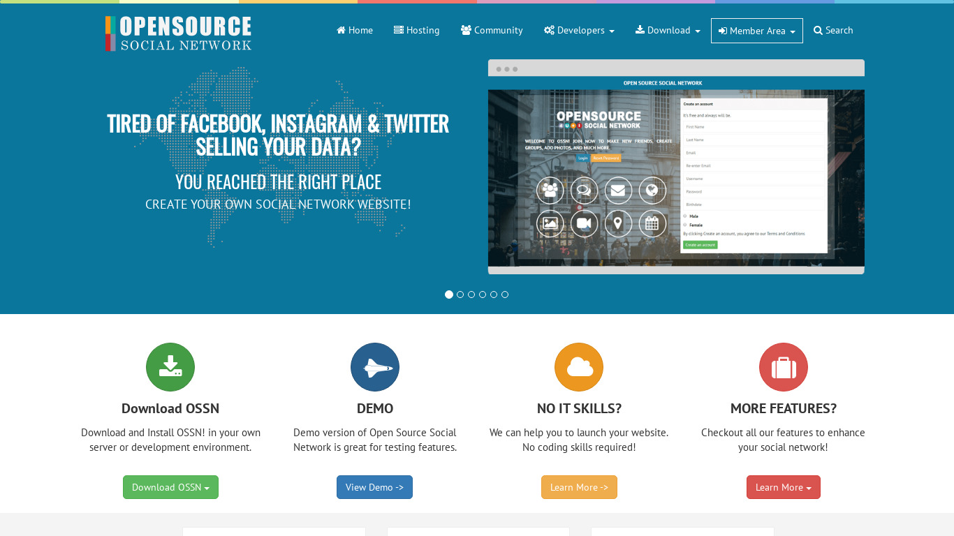 Open Source Social Network Landing page