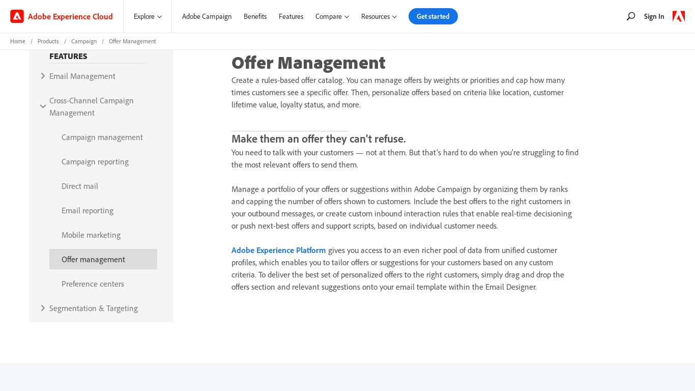Adobe Offer Management Landing page