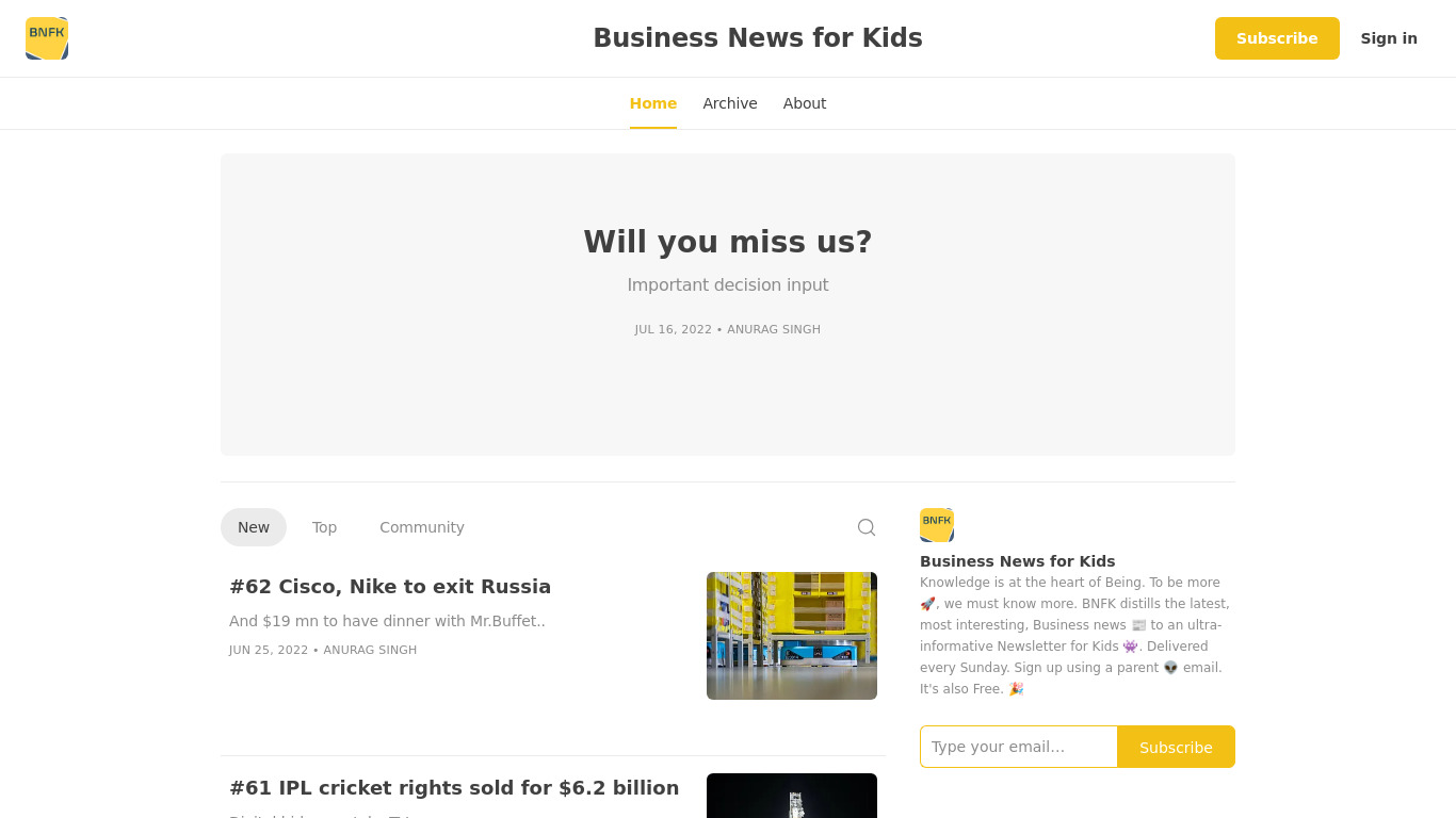 Business News for Kids Landing page