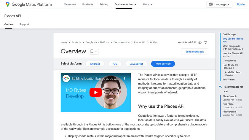Google Places API Landing Page