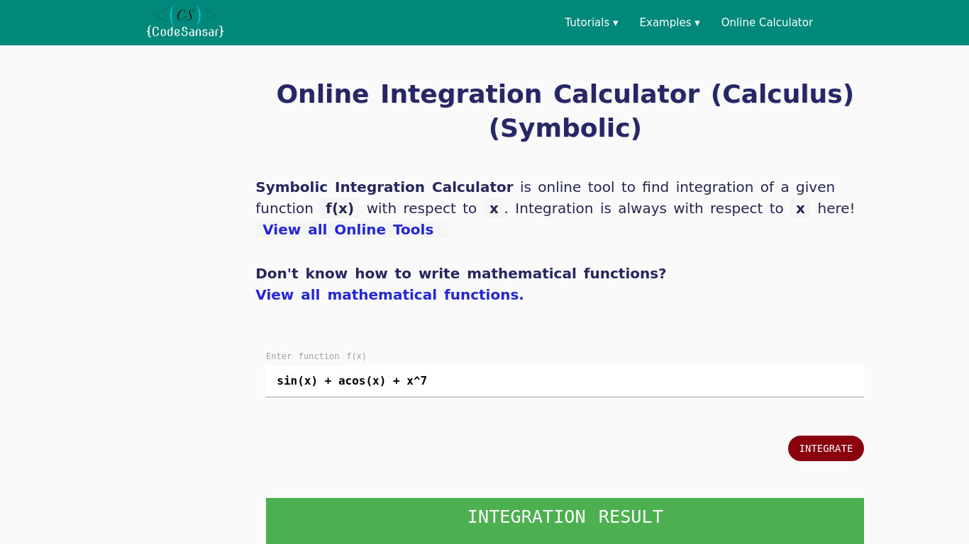 Codesansar Integration Calculator Landing page