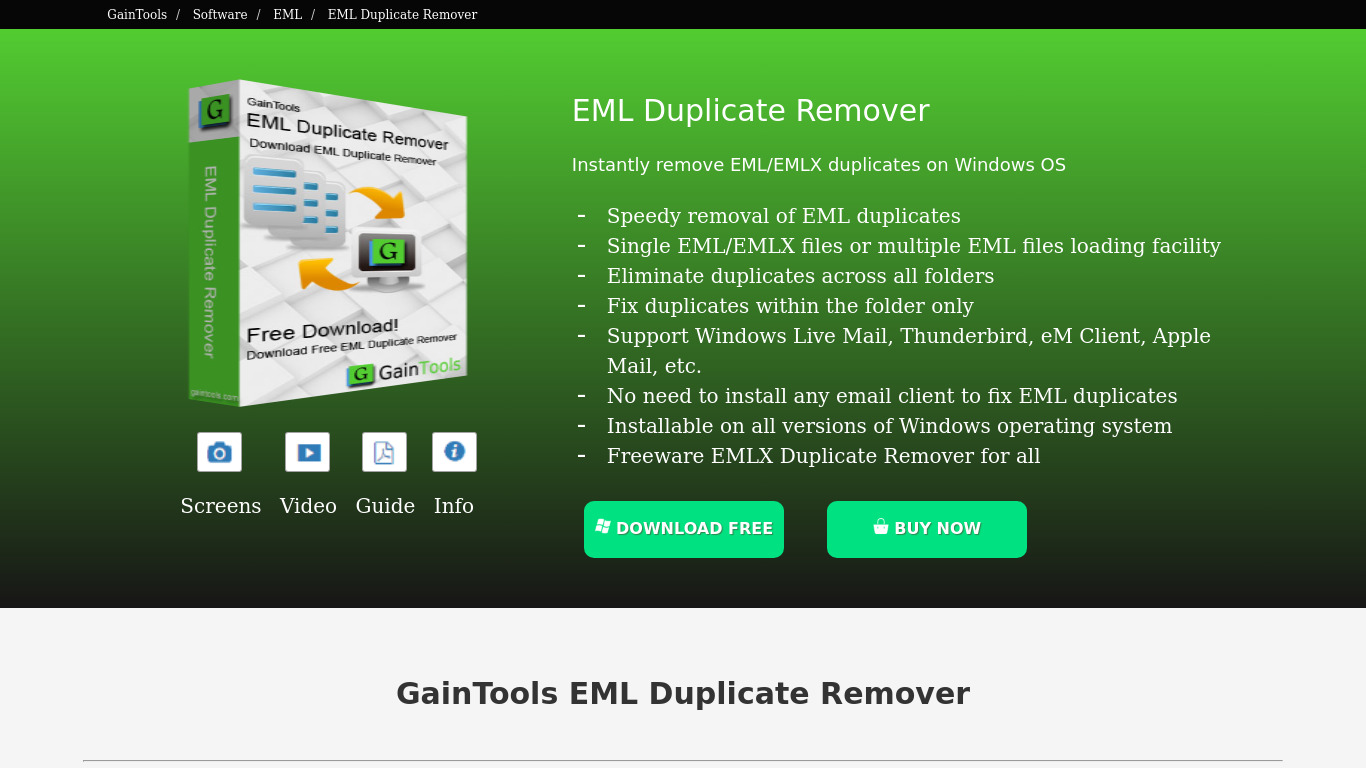 GainTools EML Duplicate Remover Landing page