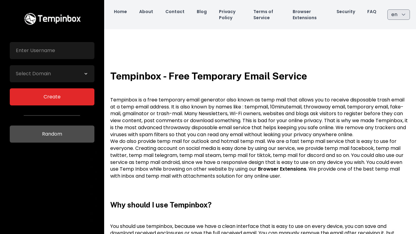 Tempinbox Landing page