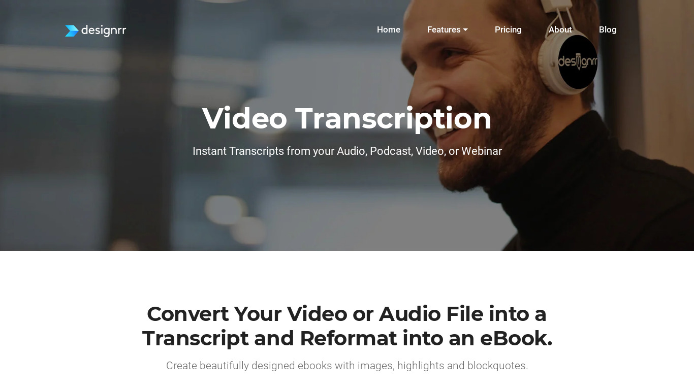 Designrr Video Transcription Landing page