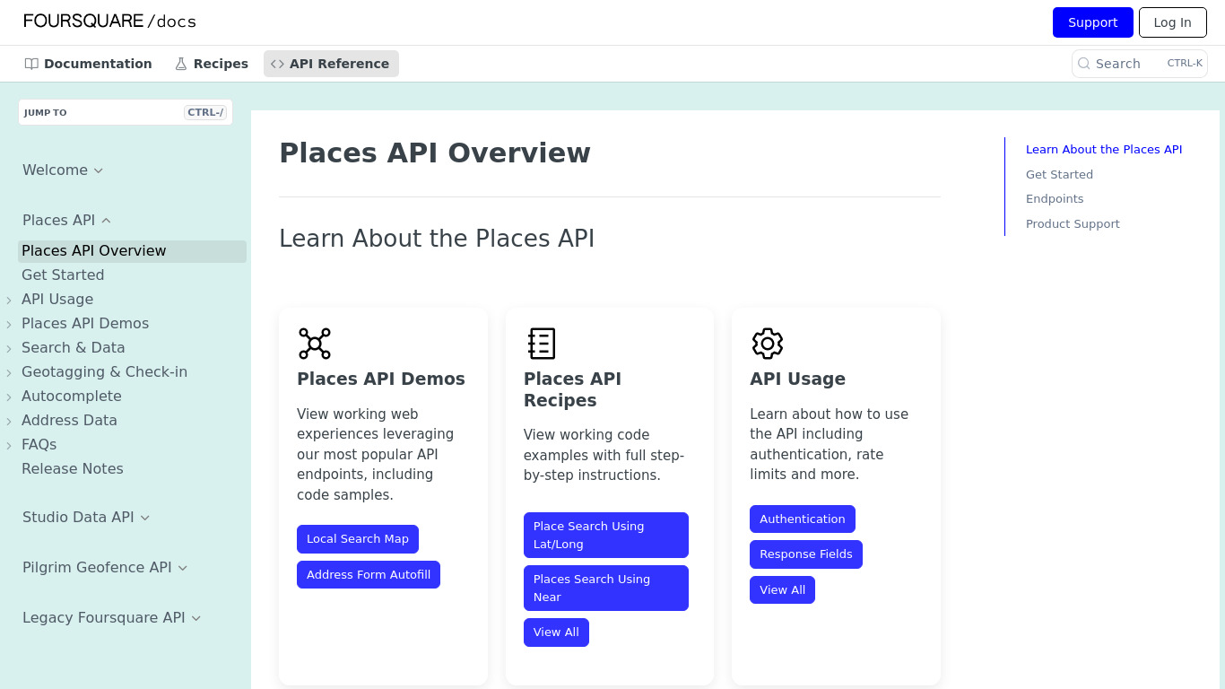 Foursquare Places API Landing page