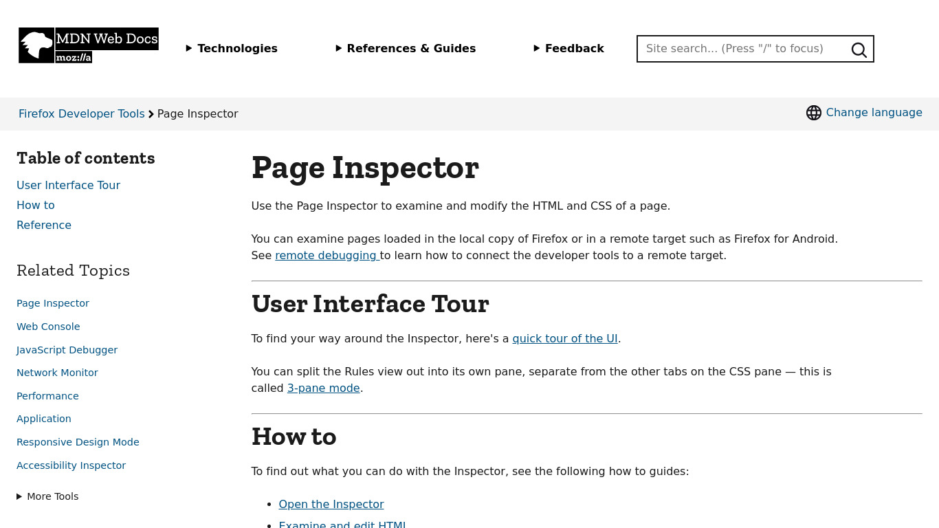 Firefox Page Inspector Landing page