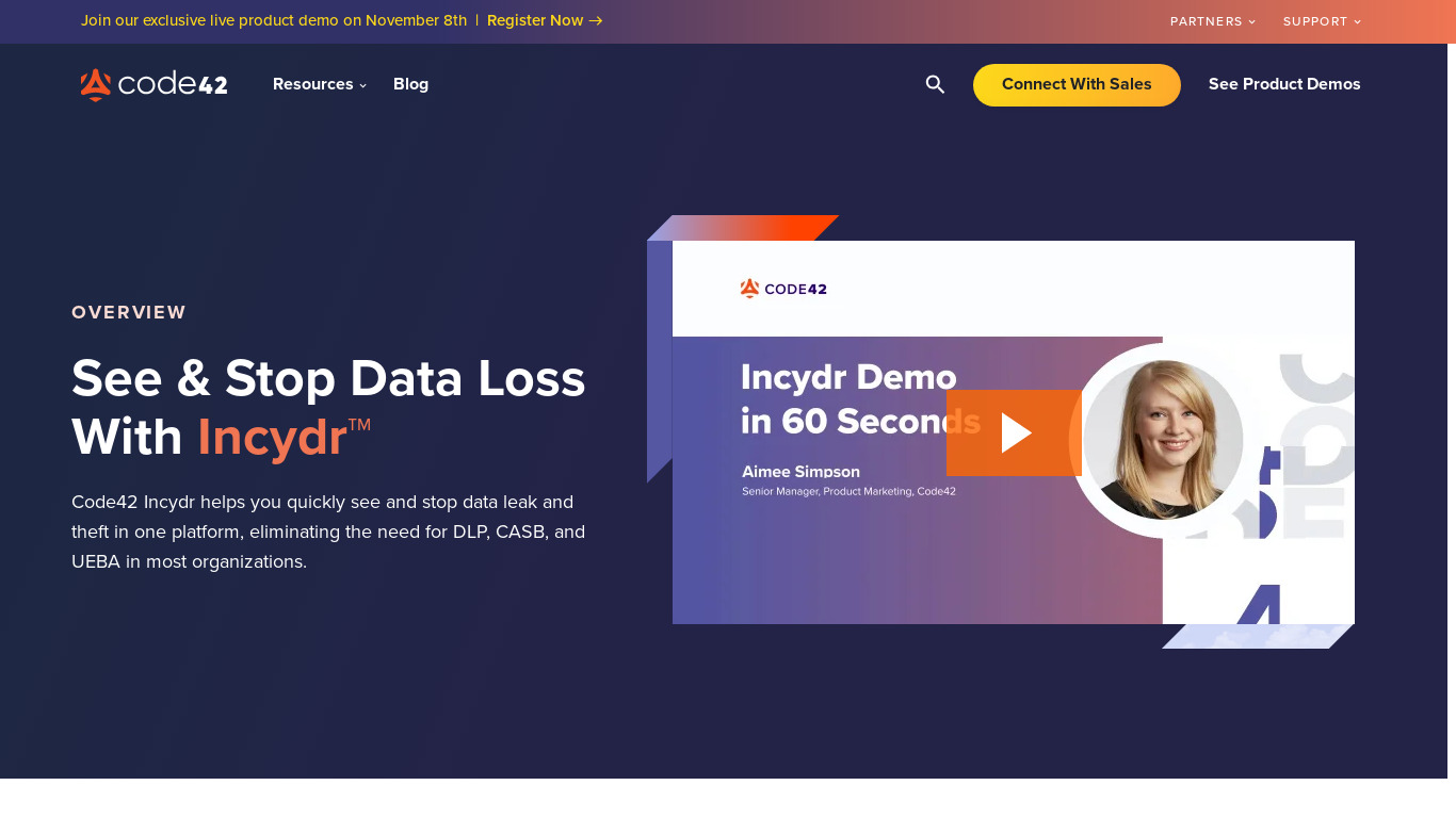Code42 Incydr Landing page