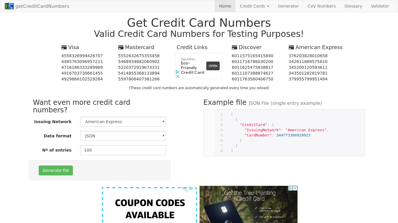 Get Credit Card Numbers Landing page