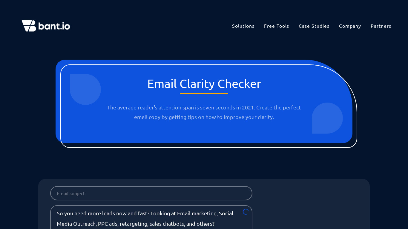 Email Clarity Checker by bant.io Landing page