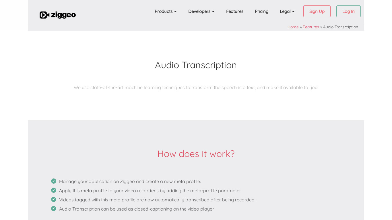 Ziggeo Audio Transcription Landing page