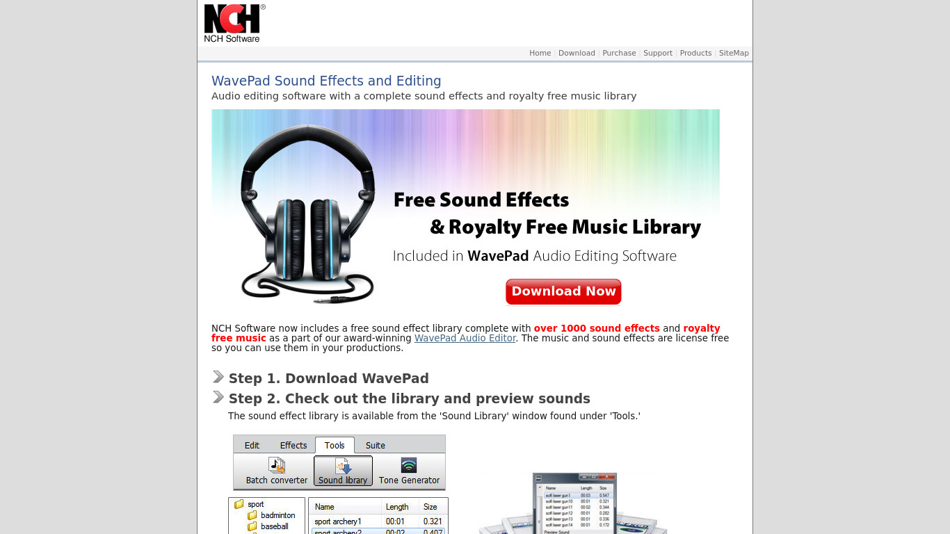 WavePad Sound Effects and Editing Landing page