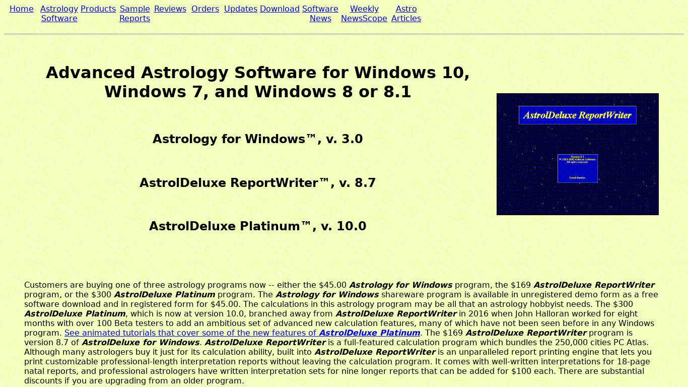 AstrolDeluxe ReportWriter Landing page